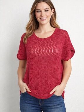 Eddie Bauer Open Knit Sweater Top Red Mesh Crochet Short Sleeve Sz M